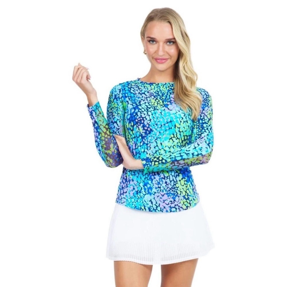 IBKUL Camille Print UPF50 Crewneck Long Sleeve Top in Navy Multi Sz XS